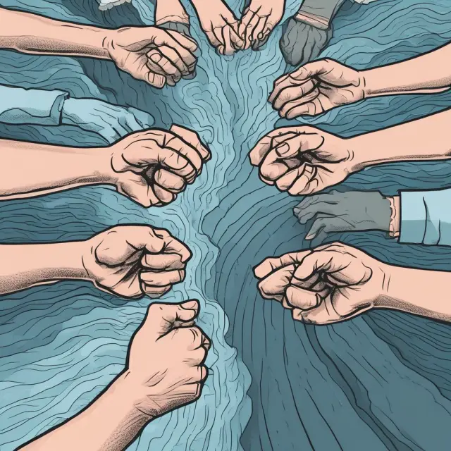 Open interest visualized as a river with buy positions represented by open hands and sell positions as closed fists, showing how both contribute to market liquidity.