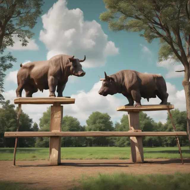 Two figures, a Bull and Bear, standing on a seesaw representing market trends; the seesaw