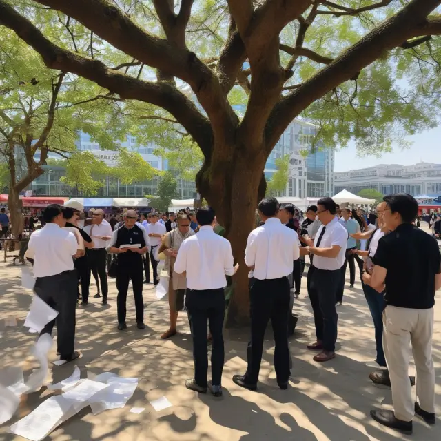 Market participants interacting beneath an open interest tree, symbolizing trading volume, sentiment, and liquidity influencing this critical market metric