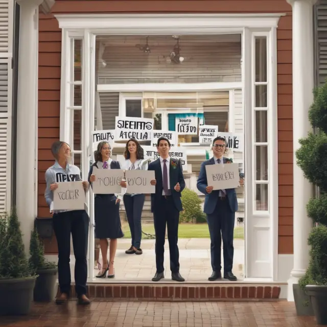 Image of an open house door with several real estate agents holding signs, representing the benefits of open listings for home sellers