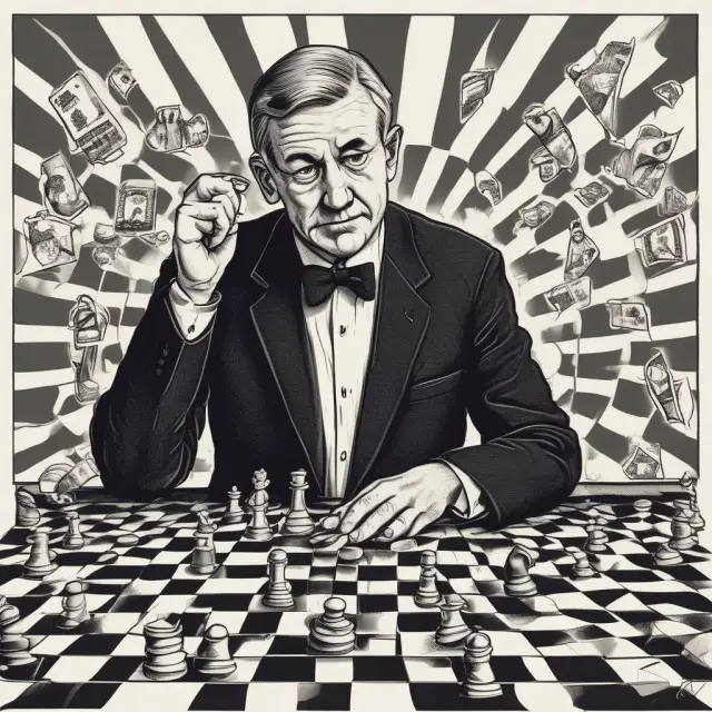 The Fed Reserve governor adjusting the fed funds rate by moving pieces on a chessboard representing banks and open market operations (OMOs).