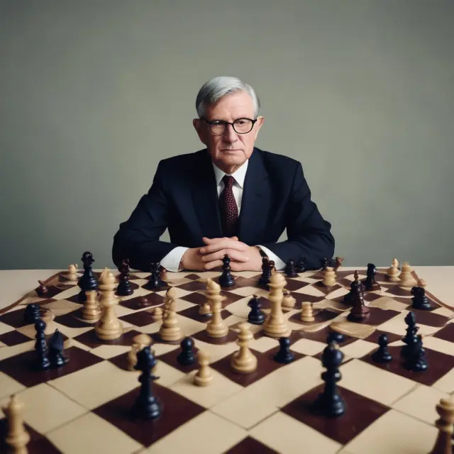 Fed chairman deliberating over expansionary and contractionary monetary policy pieces on a chessboard