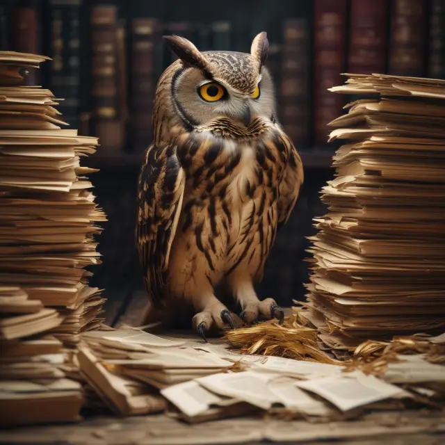 An owl diligently examining SEC filings for clues on insider buying and selling activity, enhancing investment strategies.