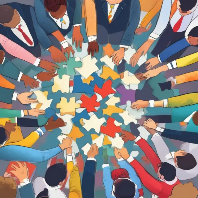 Shareholders collectively assemble puzzle pieces, symbolizing the process of investing in an Open Offer while maintaining their stakes and avoiding stock dilution.