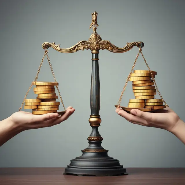 Two hands balanced on a scale, each holding golden coins labeled 