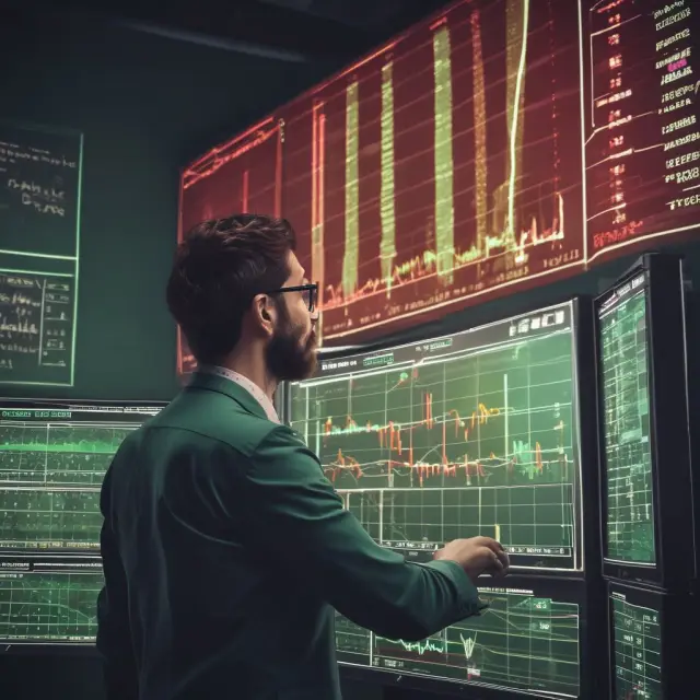 Stock trader managing open orders: limit order (up arrow), stop-loss order (red button), take-profit order (green button)