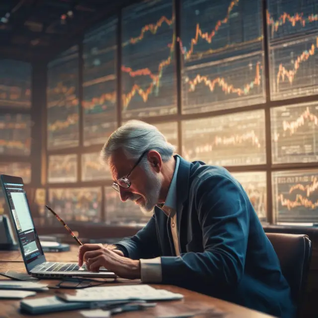 A wise investor reviewing open orders on a detailed market visualization, utilizing tools to optimize portfolio strategy