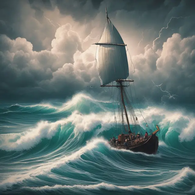 A market order represented as a chaotic storm rapidly filling the frame, while a limit order is depicted as an anchored ship with sails spread, waiting for the right price conditions