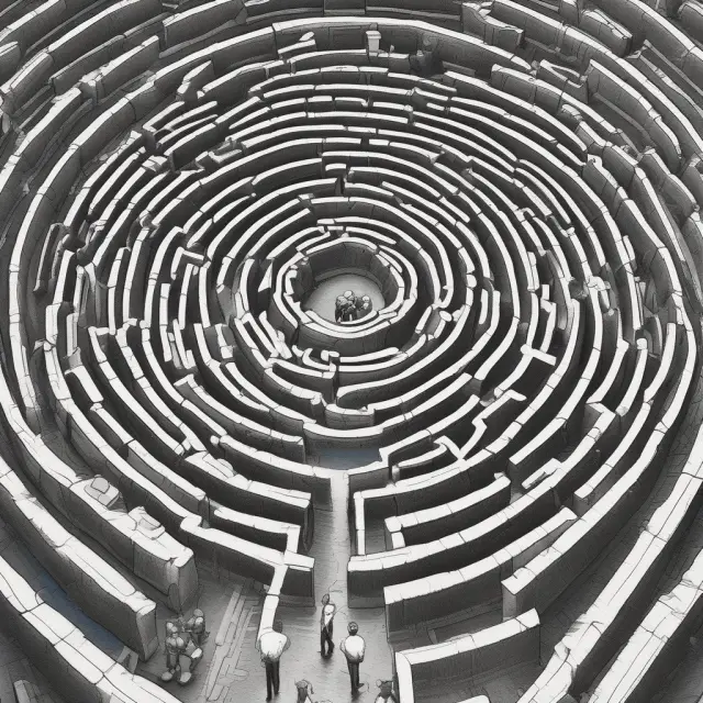 An intricate labyrinth symbolizes market depth, and open orders are depicted as lanterns guiding an investor through the maze