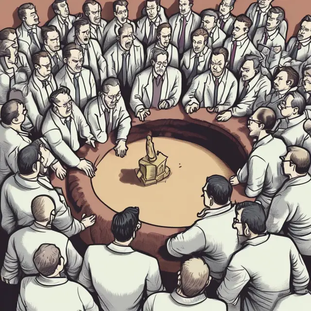 Traders in an open outcry trading pit with uneven floor levels engage in face-to-face communications and negotiations