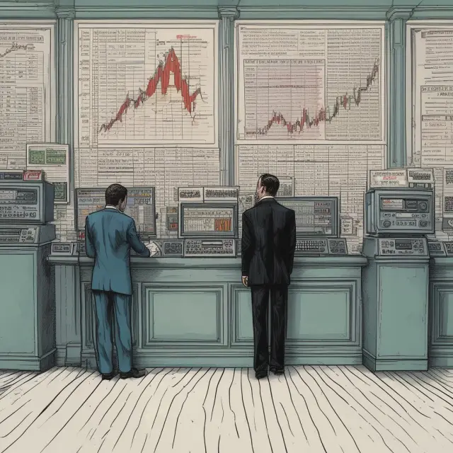 Two traders, one at a bustling open outcry pit and the other in front of a sleek computer terminal, illustrating transparency and accessibility advancements between trading methods