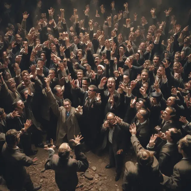 Traders hand-signaling trades in a dramatic, nostalgic open outcry trading pit scene