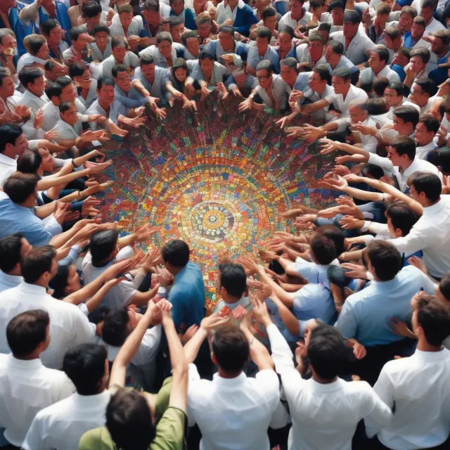 Vibrant image of traders engaging in open outcry trading, using hand signals and verbal communication in a bustling pit.