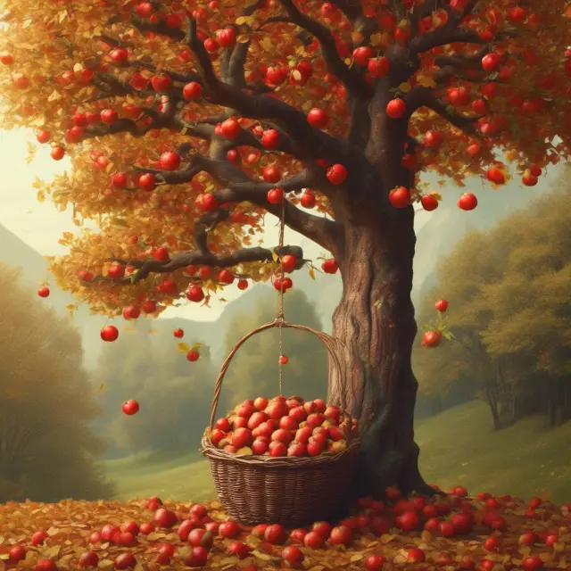 Golden leaves symbolize revenues on an apple tree, while red apples represent expenses falling into a basket, illustrating operating income calculation
