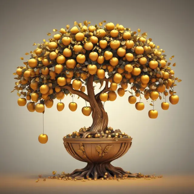 A golden apple tree overflowing with ripe fruit symbolizes operating revenues generated through the core activities of manufacturing and selling goods or services in a successful business
