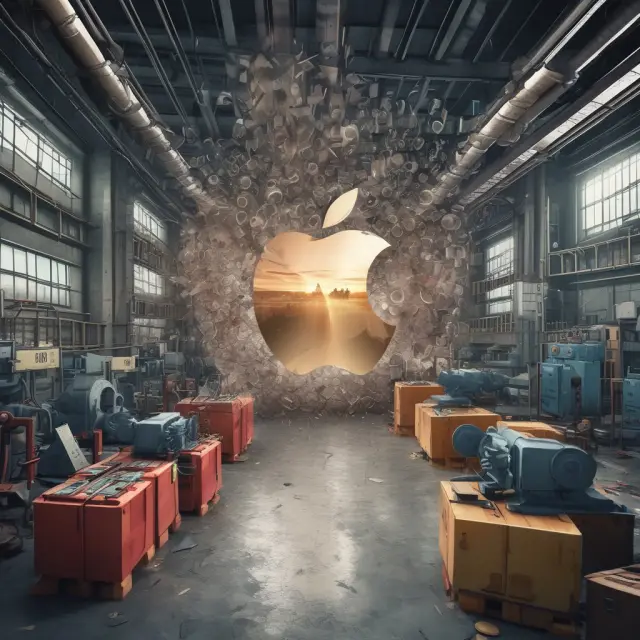 Factories symbolizing manufacturing costs with marketing campaigns depicted as billboards surround Apple logo, illustrating operating expenses