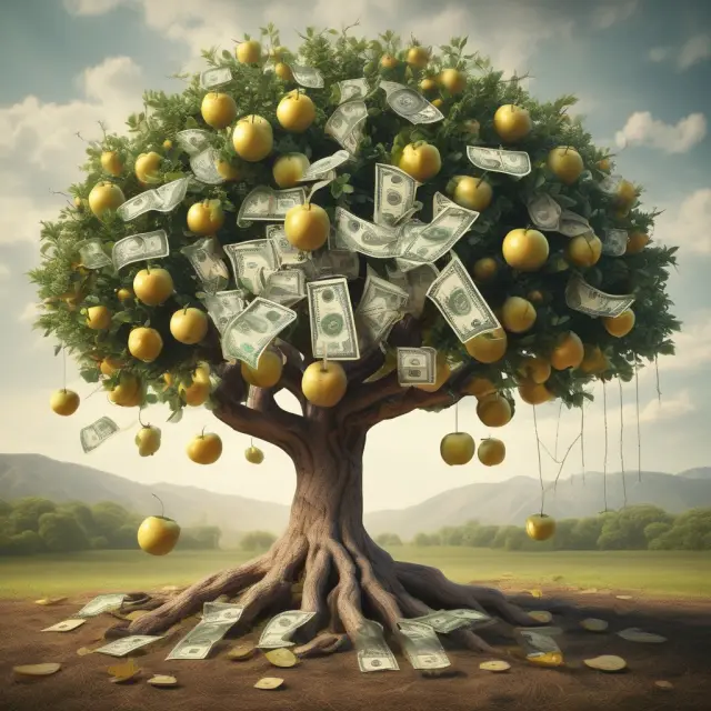 A lush apple tree blooming with gold apples symbolizing cash flows from operating activities, while the roots represent essential business functions for Apple Inc.