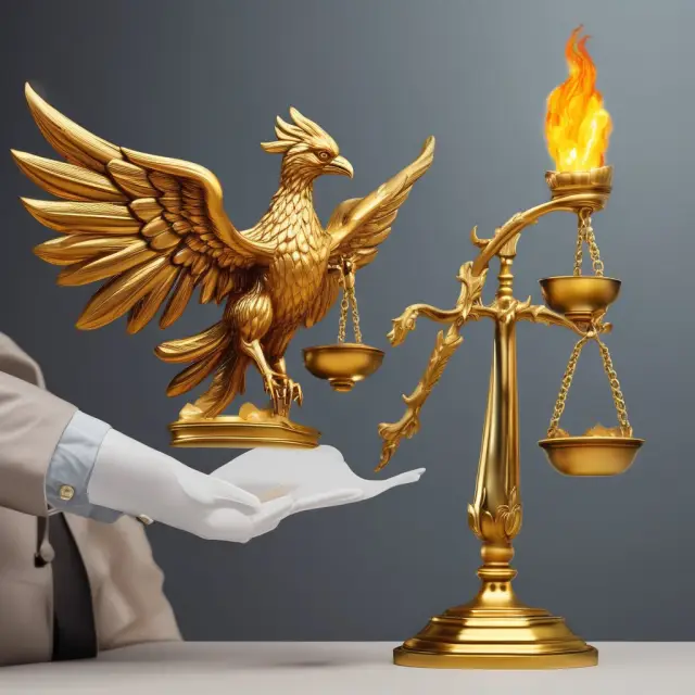 Analyst examining gold scales representing sales and phoenix rising from operating income flames, signifying improved profitability through OCFM analysis