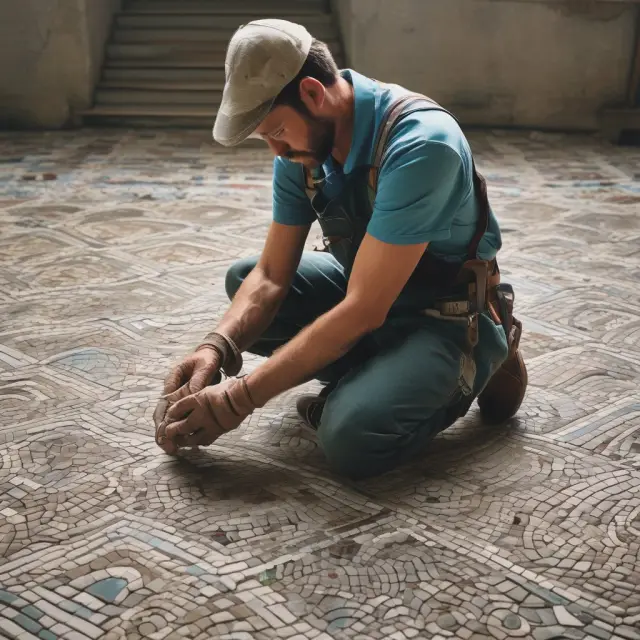 An artisan assembling a mosaic with hourglasses and wages, symbolizing the balance between fixed and variable costs in semi-variable expenses