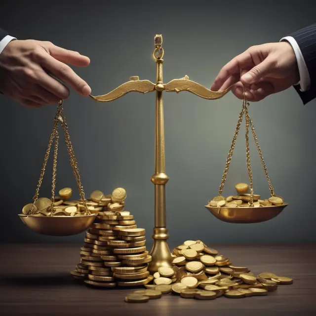 An investor holds a set of scales filled with gold coins, representing operating costs, while assessing their impact on potential investments