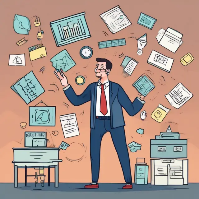 Real estate investor balancing mortgage payments, property taxes, insurance, maintenance, utilities, and property management fees in a visually engaging image