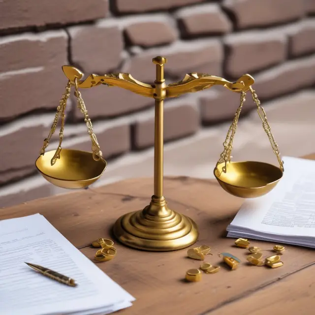 A golden scale balances real estate bricks, mortgage papers, and weights representing operating expenses against rental income