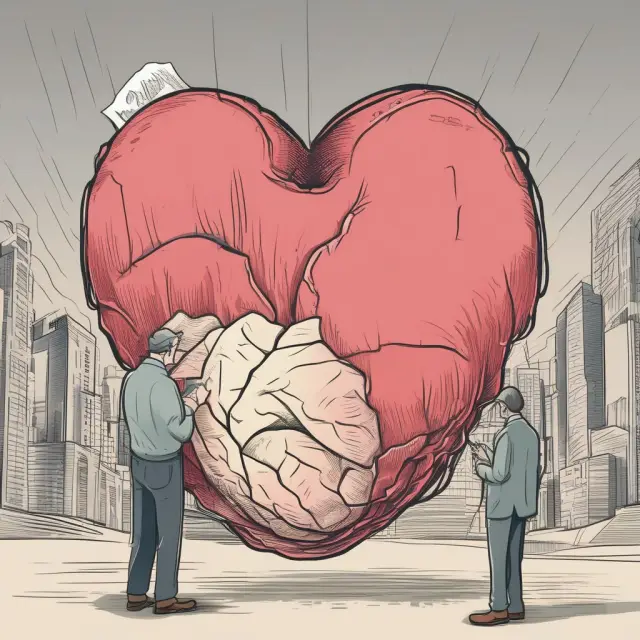 A worried shareholder holding a diminishing heart representing equity, surrounded by financial charts and red numbers symbolizing losses