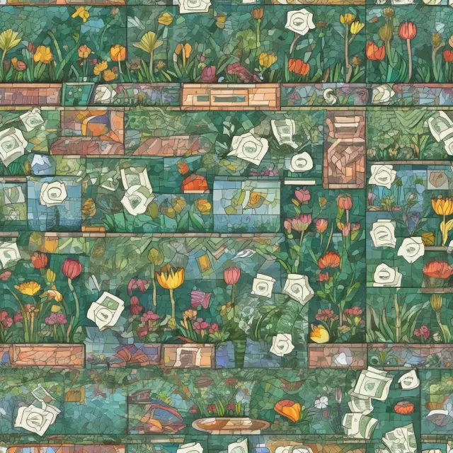Metaphorical image: A mosaic of tiles labeled as rent, wages, utilities, insurance, marketing, and R&D flows into a flourishing garden, symbolizing growth through effective expense management