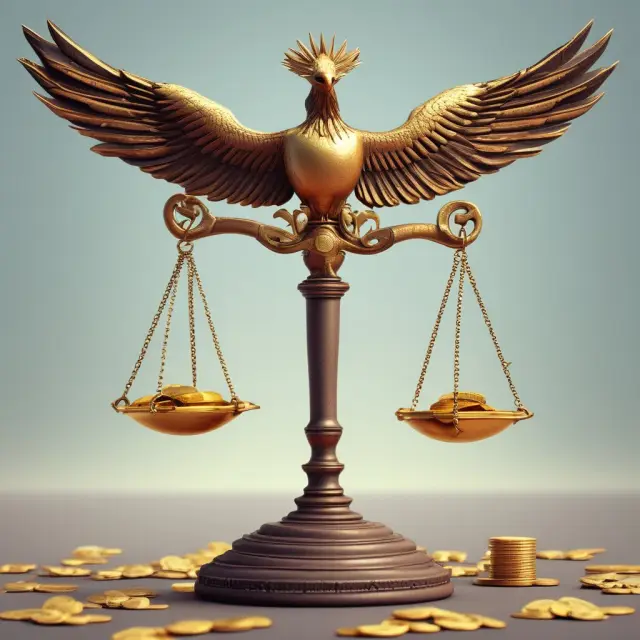 A balanced scale with gold coins on one side and a phoenix rising from ashes signifying effective operating expense management in business.