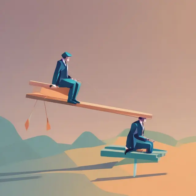 A seesaw with fixed costs represented by a heavy, stable weight, and variable costs as a lighter, unstable one, illustrating their relationship in business management.
