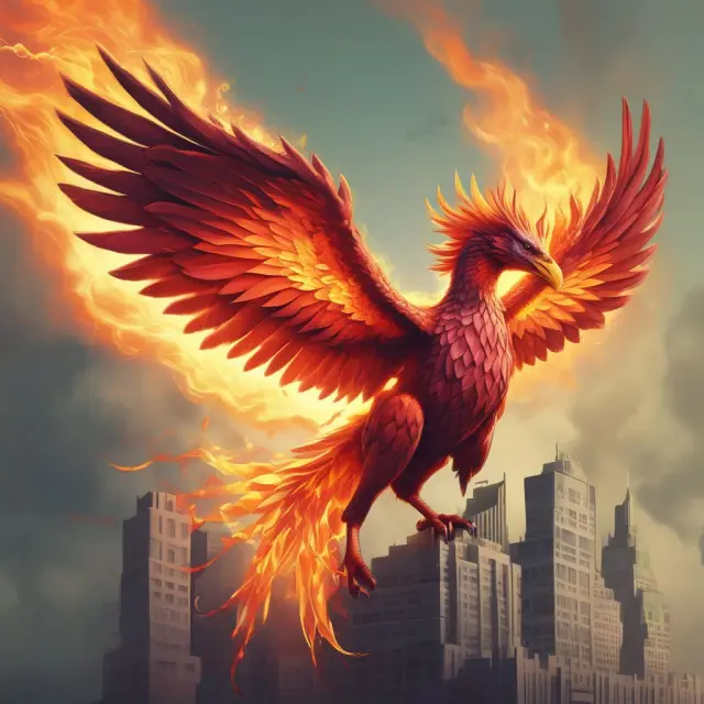 A mythical phoenix emerging from a fiery furnace of revenues, symbolizing the transformation into profit through deducting operating expenses and non-cash depreciation and amortization