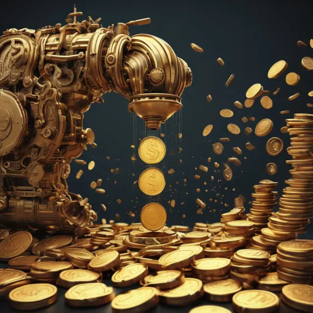 Golden coins symbolizing operating profit flowing through a complex machinery, representing effective business operations.