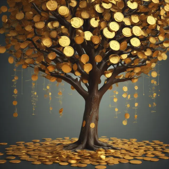 An ornate tree adorned with golden coins representing cash flow, as calculations are inscribed on leaves illustrating the direct method for operating cash flow