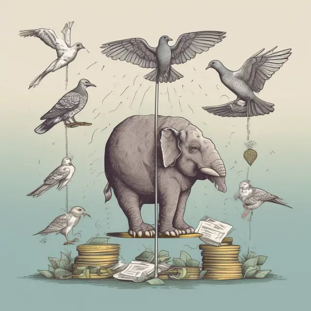 A pigeon symbolizes the top-down approach, flying above a balance sheet. A tortoise represents the bottom-up method, climbing revenue bars. An elephant illustrates cost accounting classifications.