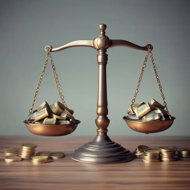 A pair of scales, with revenue represented by a bucket of gold coins and operating income symbolized by an eagle soaring above. Both are in balance.