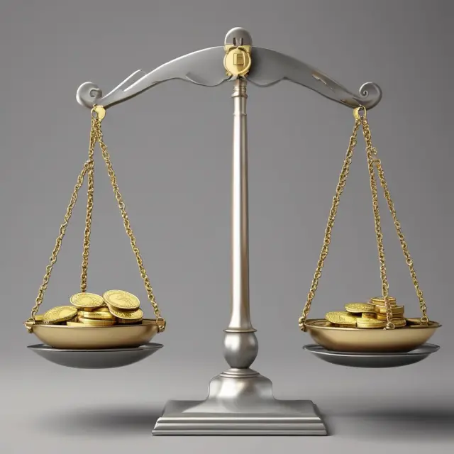 Gold scales displaying operating income (gold coins), EBIT (silver coins), and EBITDA (bronze coins) to highlight their differences in financial profitability metrics