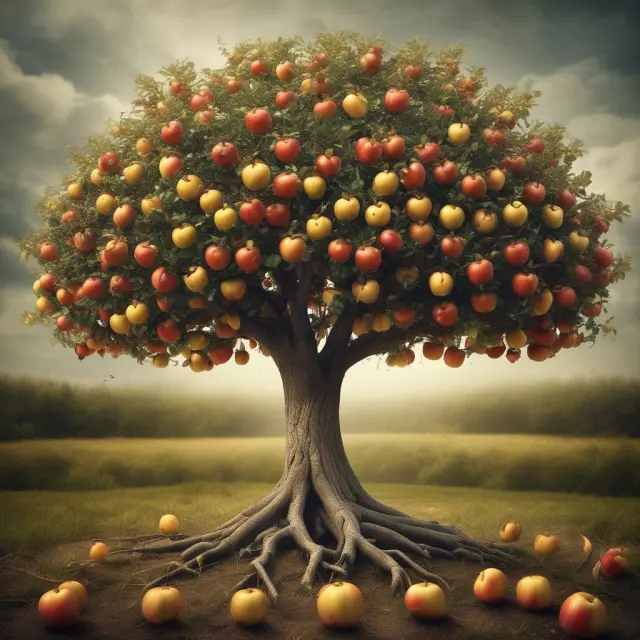 An apple tree growing larger, with golden apples symbolizing increased revenue and strong roots showing enhanced operational efficiency