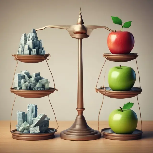 An apple on a scale with two mountains representing Apple & Amazon