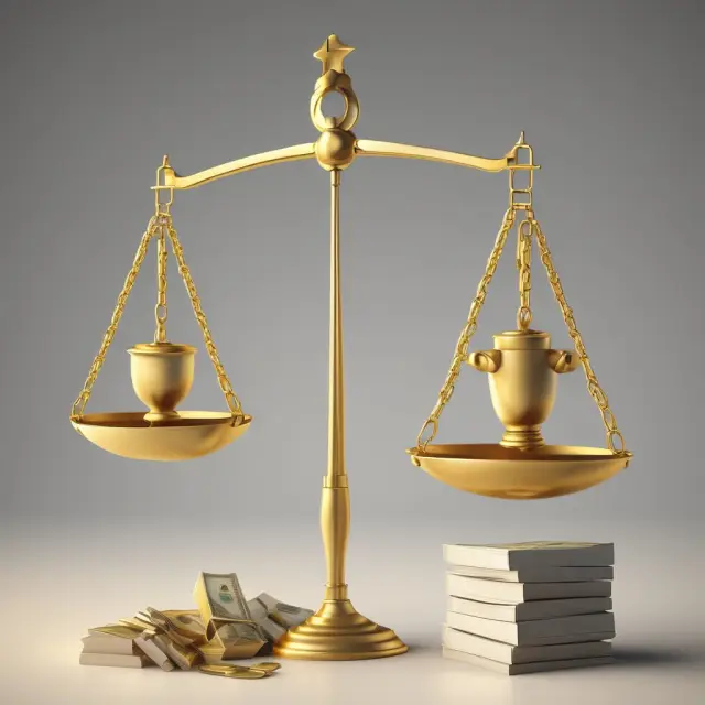 A golden scale weighs revenue on one pan and operating expenses on the other, illustrating profitability through operational efficiency