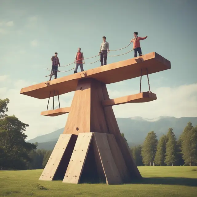 Image of a seesaw illustrating operating leverage: High profit peaks balanced on large fixed cost pillars as revenue increases.