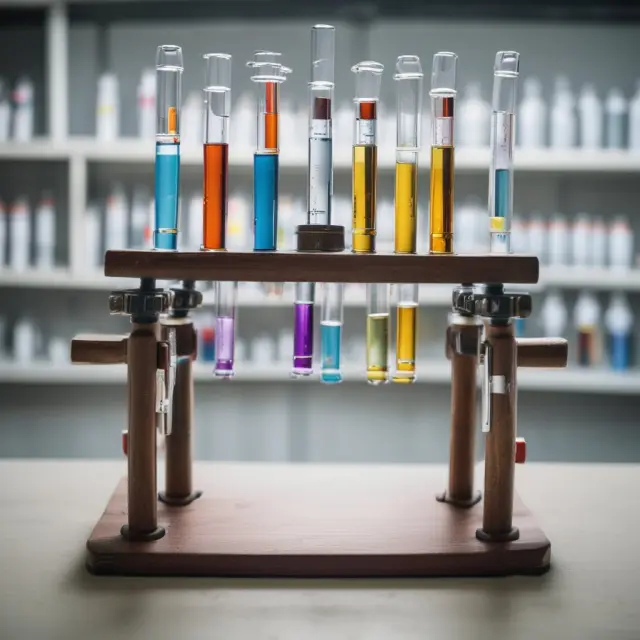 A pharmaceutical research lab scene with test tubes on a seesaw, representing the high operating leverage in these industries due to significant fixed costs and potential for large revenue increases