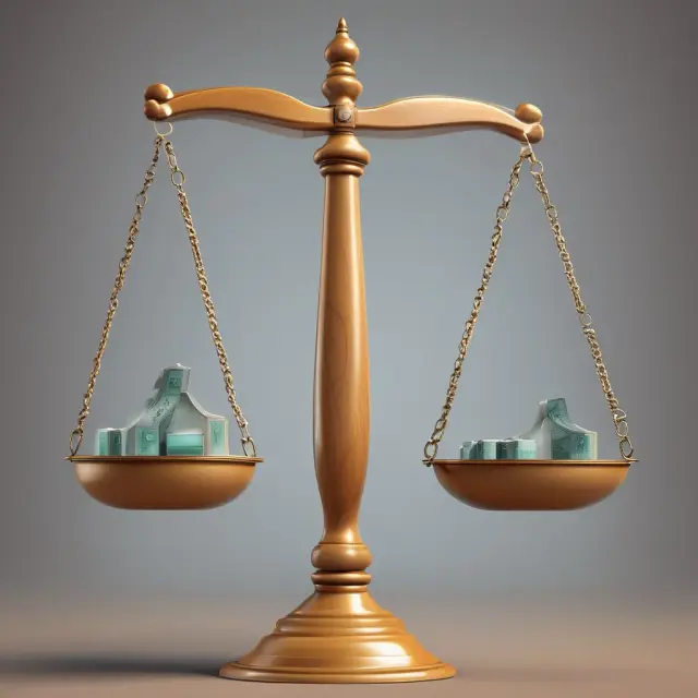 A balance scale with gold coins (fixed costs) and silver coins (variable costs) illustrating business leverage concept