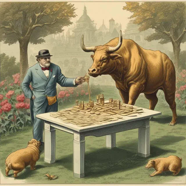 Two figures representing bull and bear symbolizing profitability through operating margin calculations amidst a garden of sales.