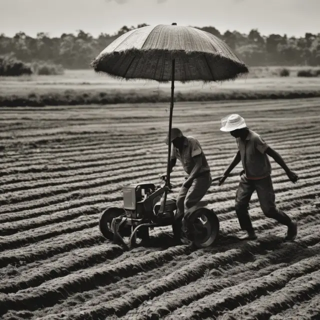 Farmer working in a field with raindrops and falling commodity price graph