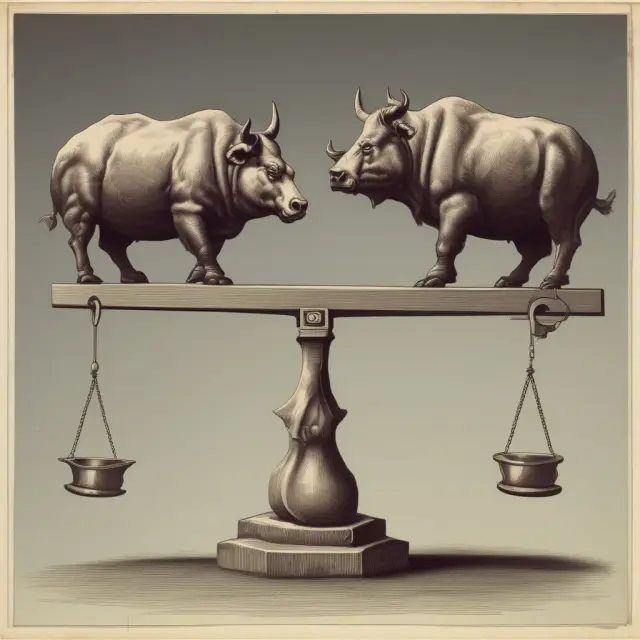 Bull and bear representing operational efficiency, standing on a financial seesaw with net sales as the fulcrum. Operating expenses & COGS are weighed against net sales.