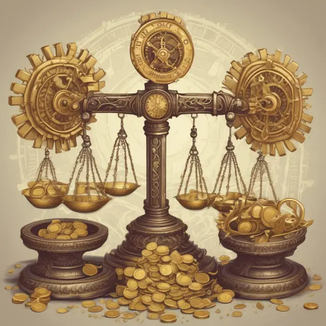Golden scales represent net sales, gears symbolize cost of goods sold (COGS), while an intricate web illustrates total operating expenses.