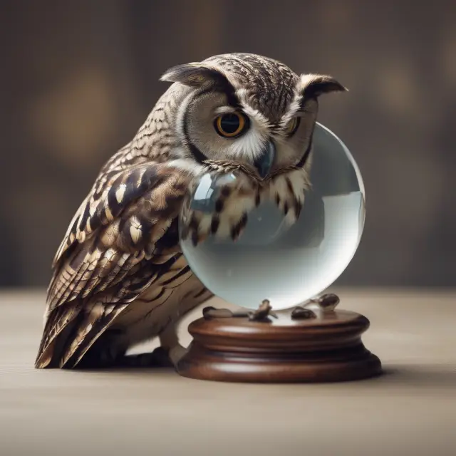 An observant owl analyzes crystal balls containing operating ratios for various companies, assessing trends against industry averages