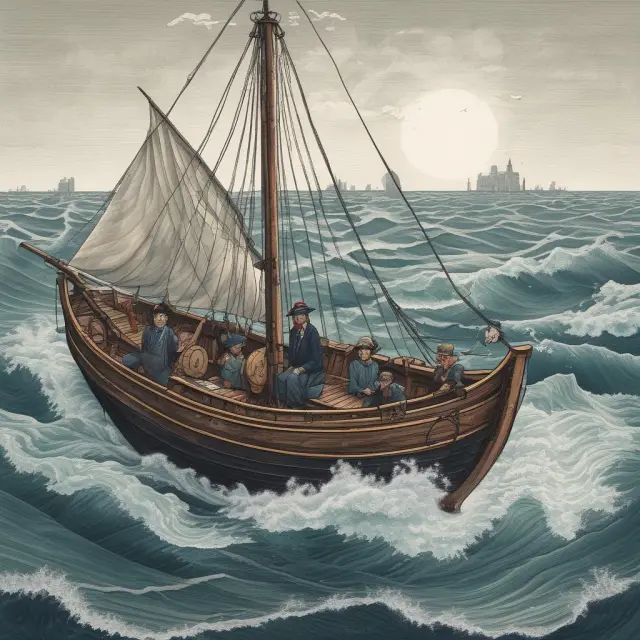 A central bank sailing a boat on a vast sea filled with various economic indicators, adjusts its sails (intermediate targets) to maintain balance for optimal economic performance.