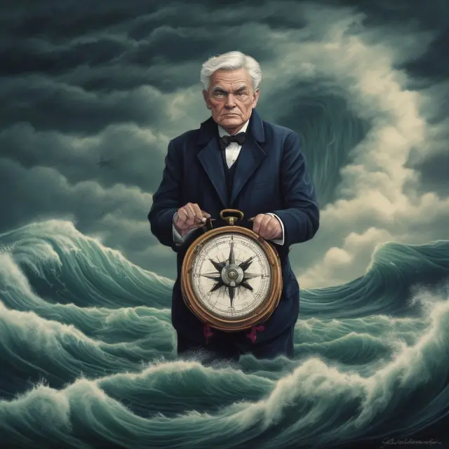 The Federal Reserve Chair steers a ship through turbulent economic waters, adjusting the compass from inflation target to lowering interest rates for crisis management.