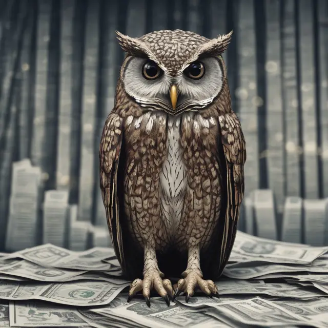 A wise owl examines economic data, with a glowing interest rate target acting as its compass.